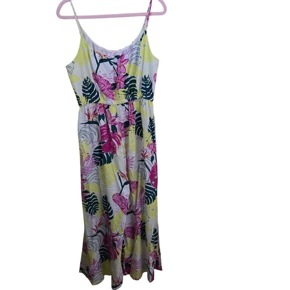 Nicole Miller Tropical Palm Leaf Linen Blend Wide Leg Jumpsuit Pockets Size L - Picture 2 of 7